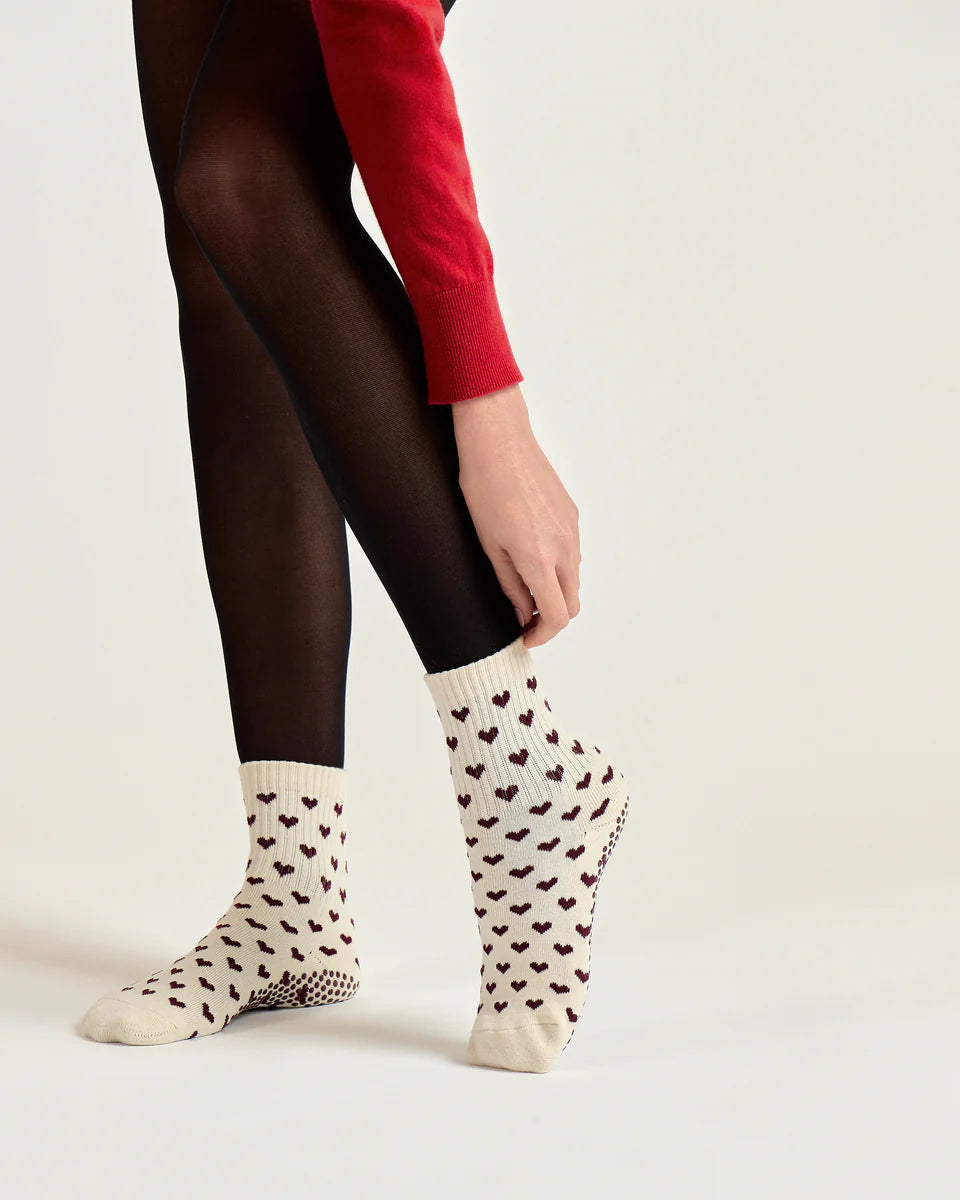 Heart Crew Grip Sock - Burgundy