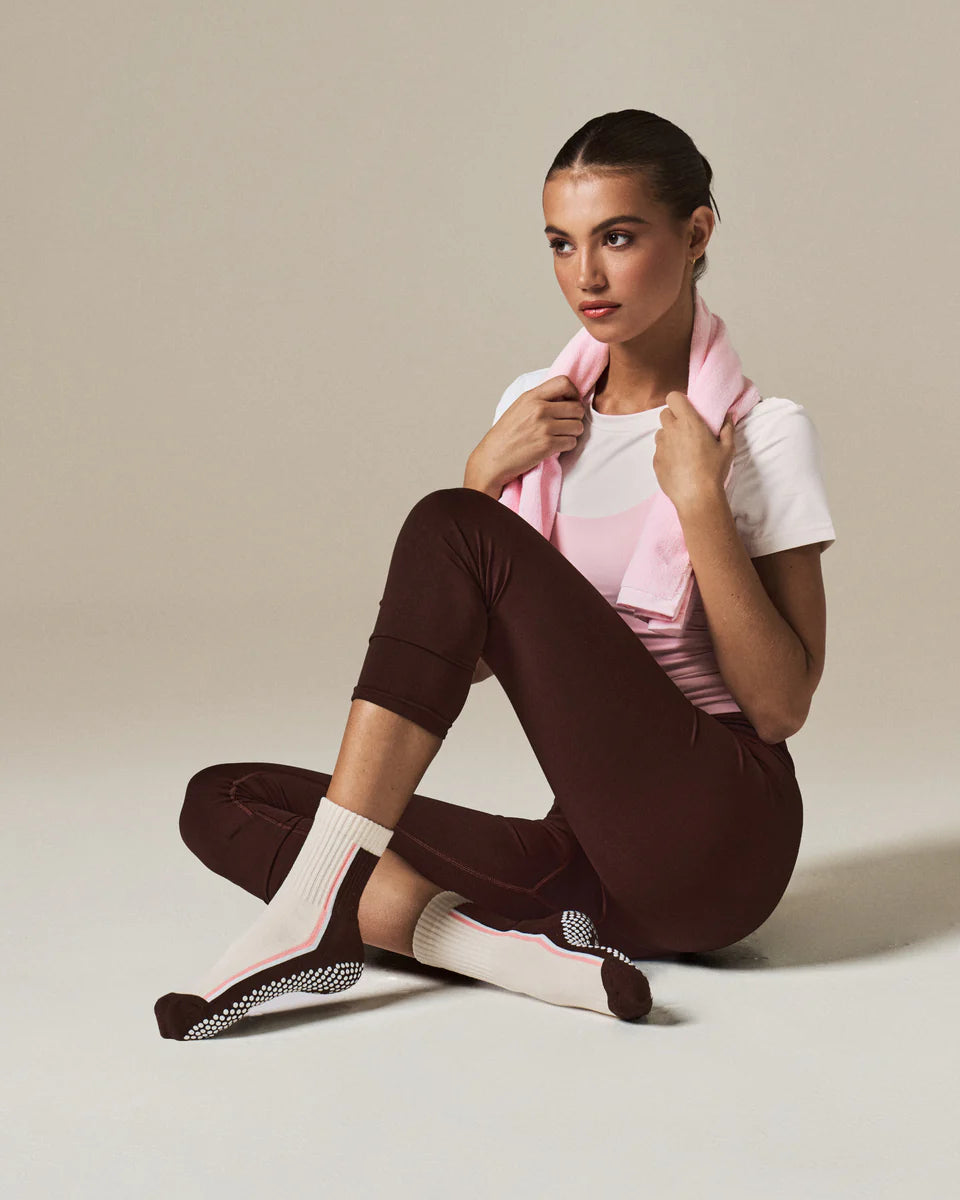 Double Stripe Crew Grip Sock - Chocolate Brown