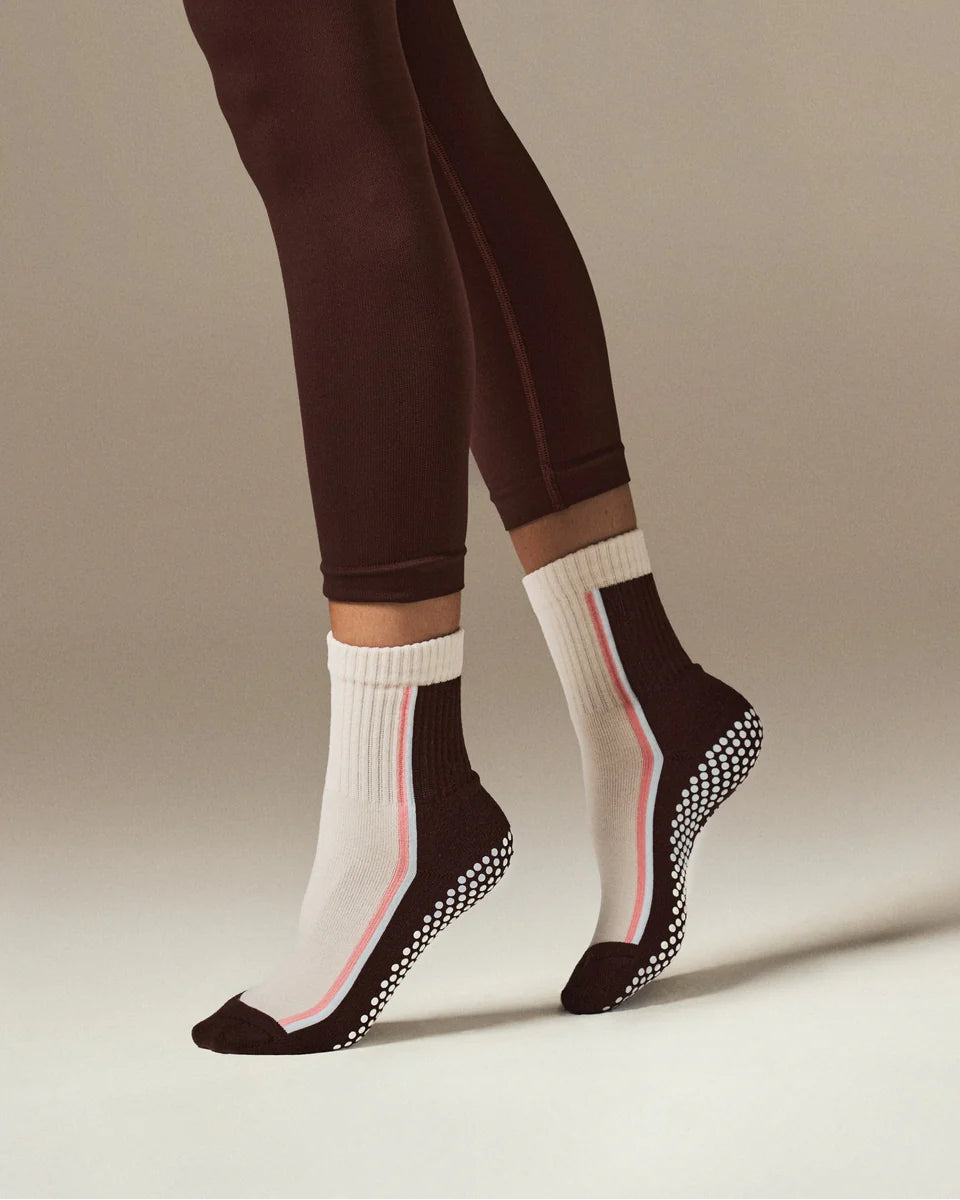Double Stripe Crew Grip Sock - Chocolate Brown