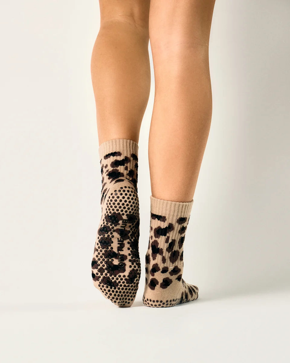 Leopard Crew Pilates Grip Sock - Dark Brown