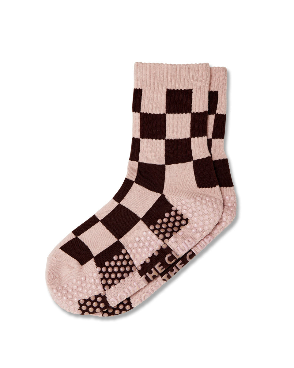 Checkered Crew Pilates Grip Sock - Pink/Chocolate