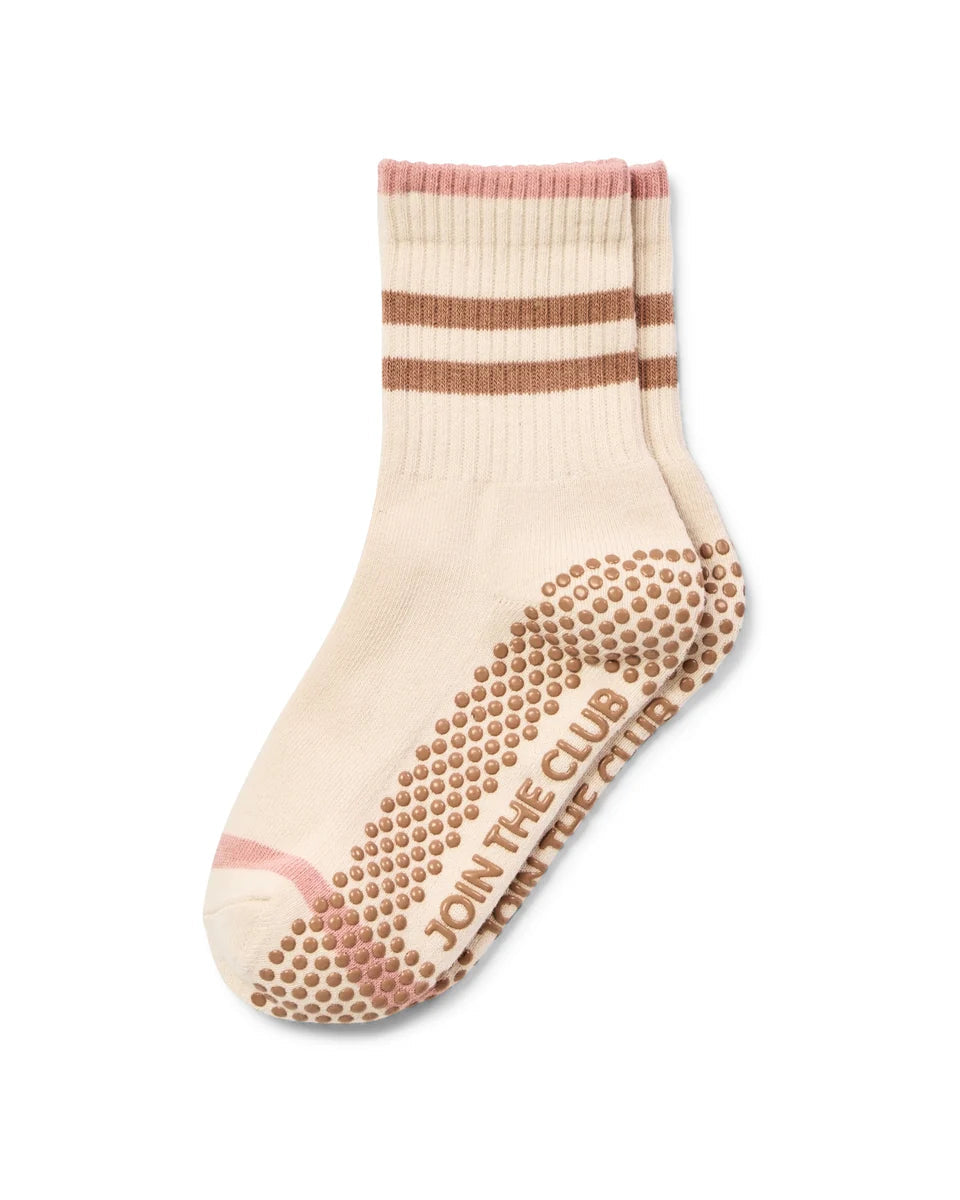 Multi Stripe Crew Pilates Grip Sock - Toffee/Pink