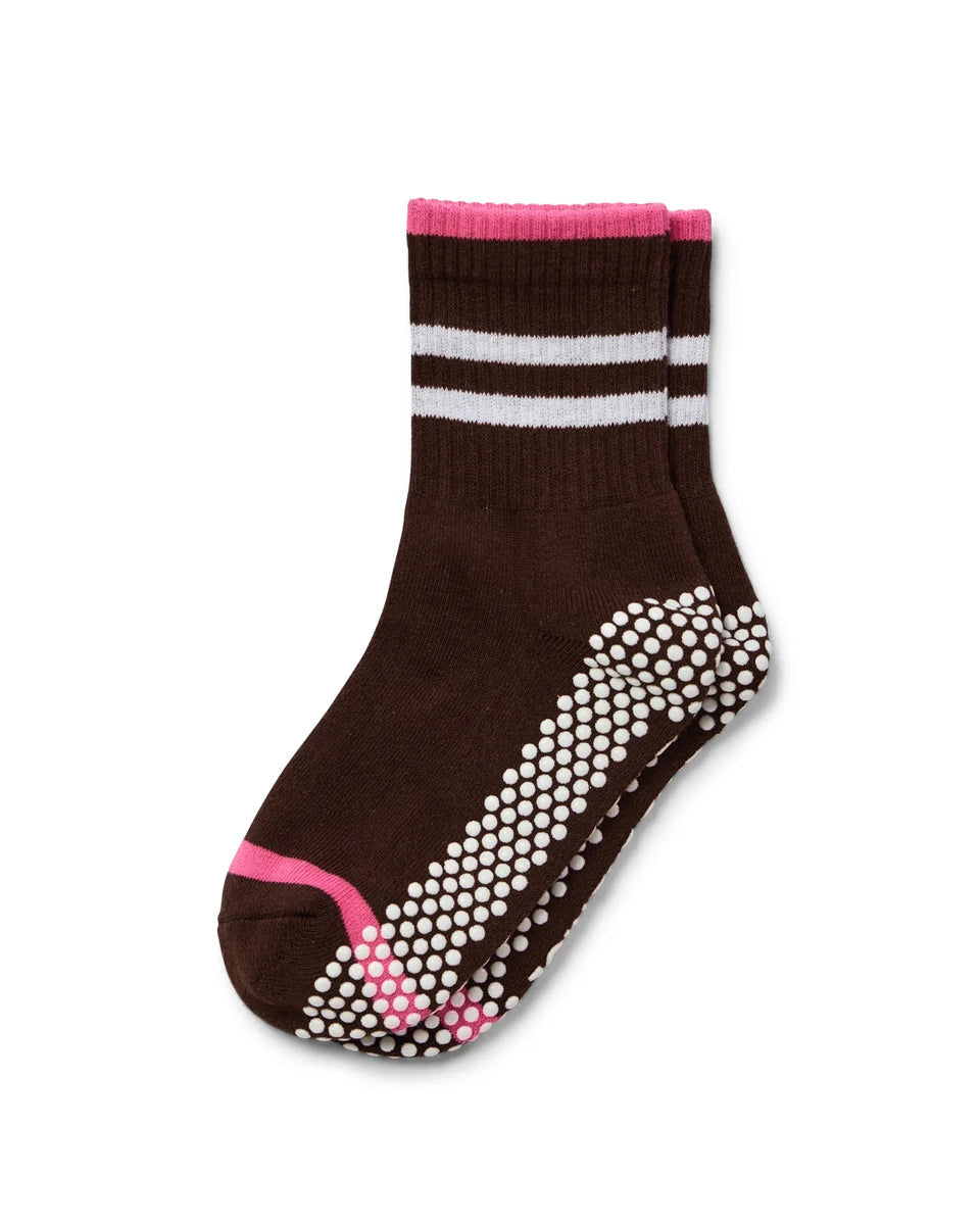 Multi Stripe Crew Pilates Grip Sock - Chocolate Brown