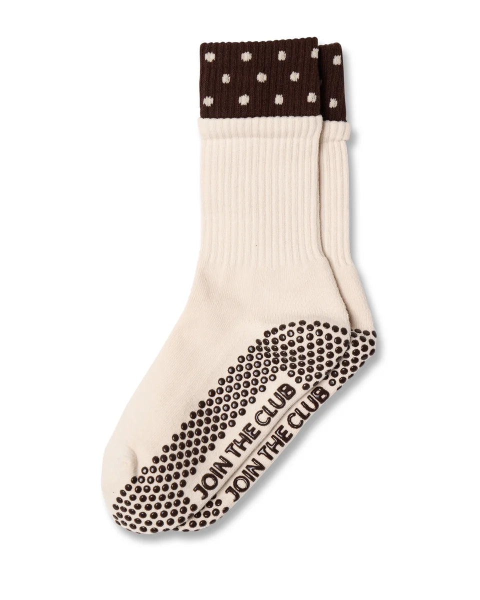 Double Cuff Pilates Grip Sock - Brown/Cream