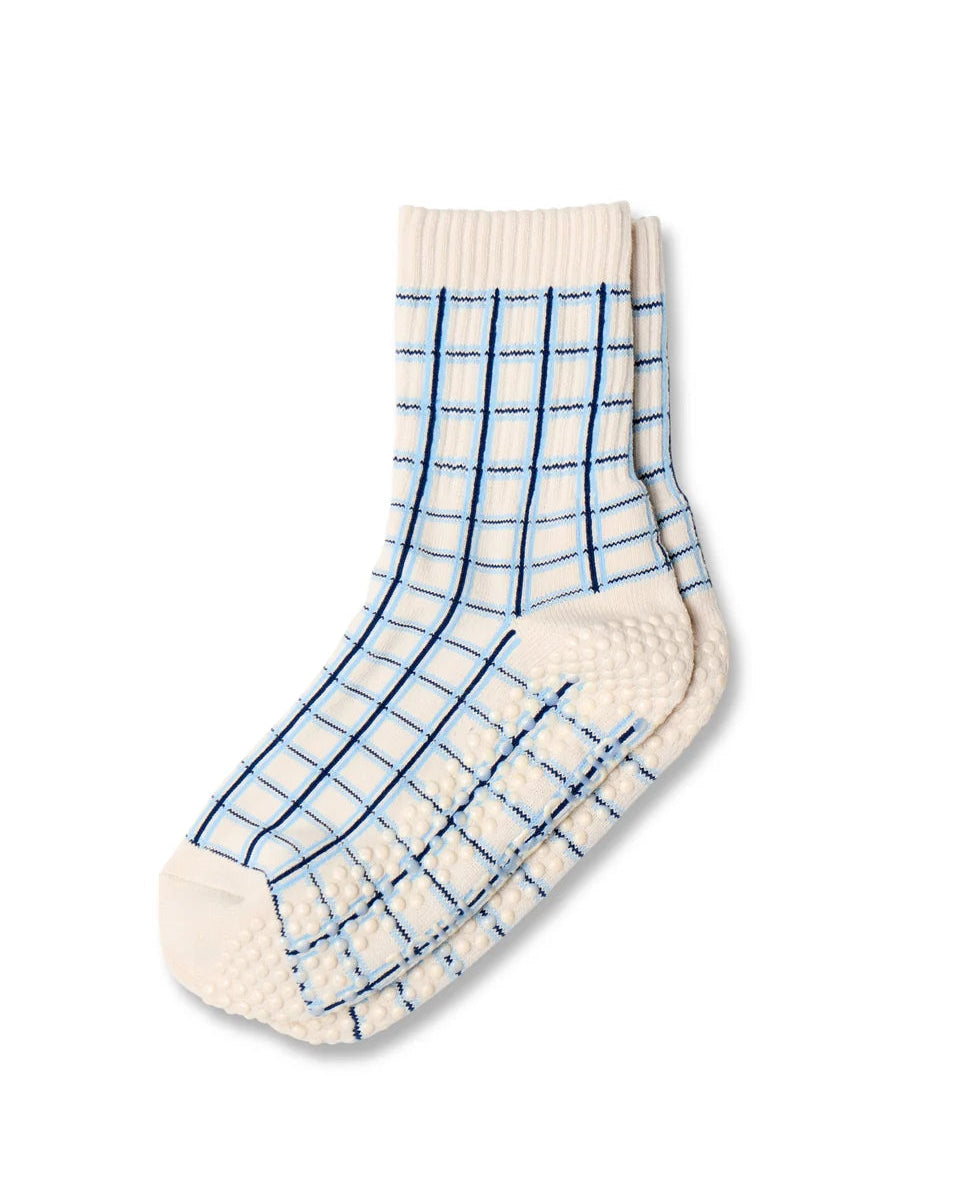 Fine Check Crew Pilates Grip Sock - Blue