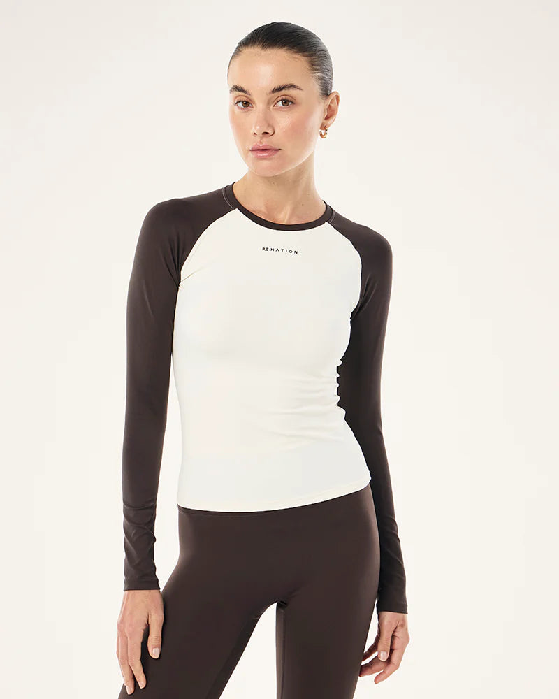 Signature long sleeve top - whisper white & coffee
