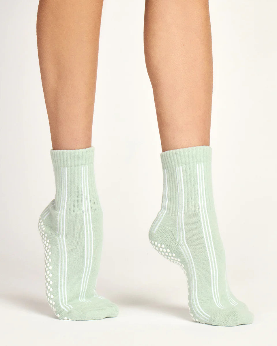 Pinstripe Crew Pilates Grip Sock - Pastel Green