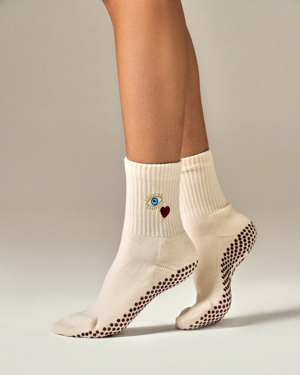 Evil Eye Heart Pilates Grip Sock - Cream