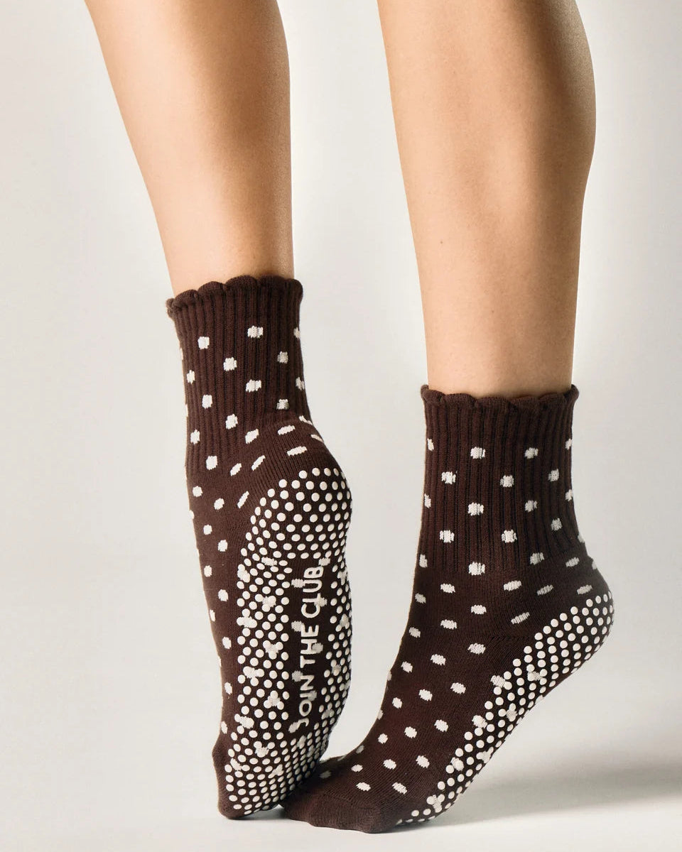 Scallop Edge Pilates Grip Sock - Brown/Cream Spot