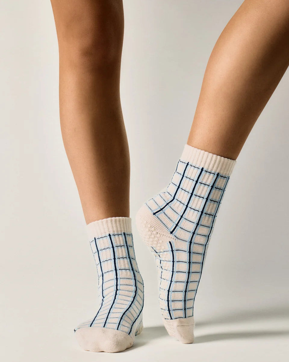 Fine Check Crew Pilates Grip Sock - Blue