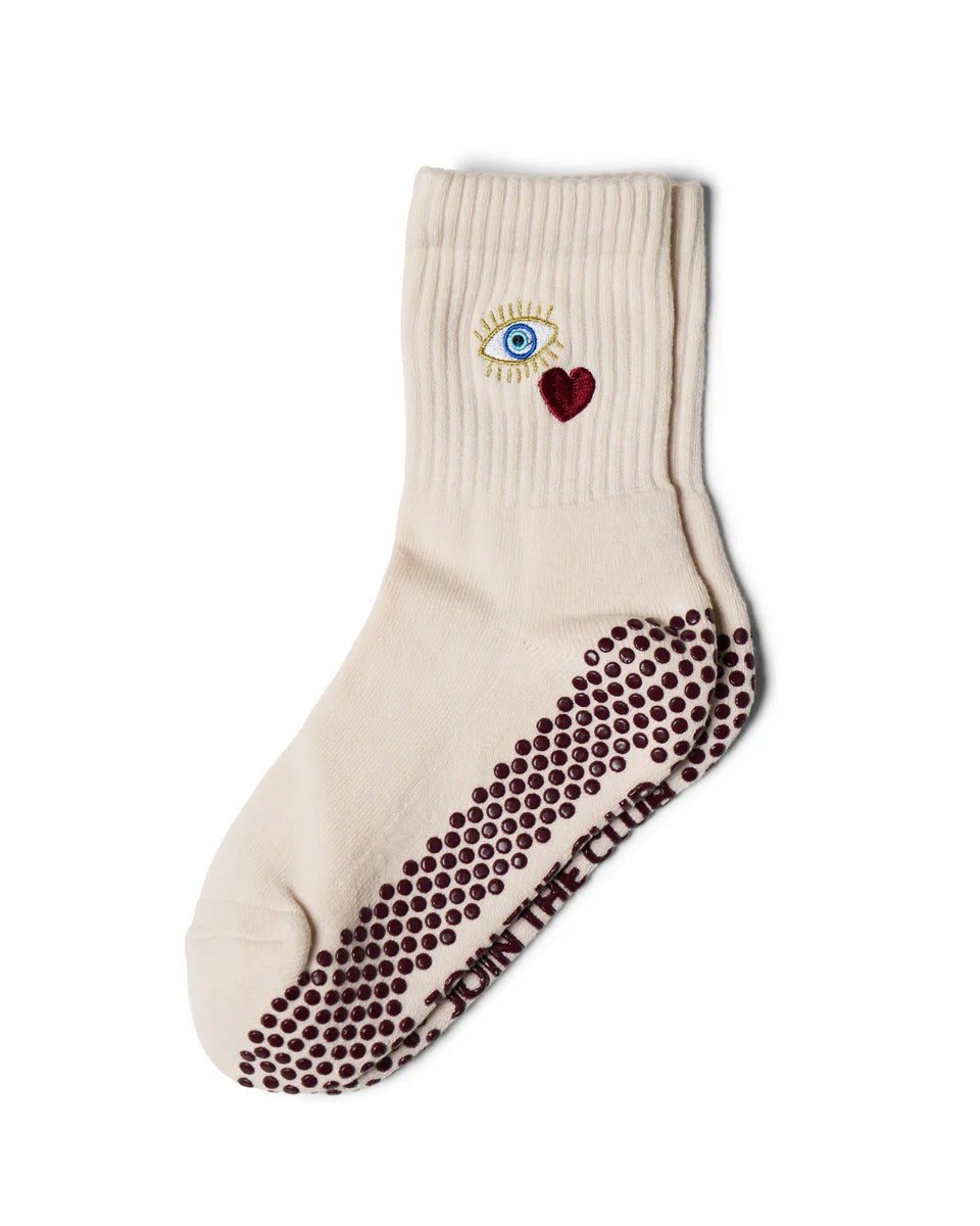 Evil Eye Heart Pilates Grip Sock - Cream