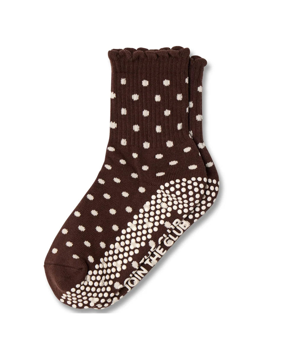 Scallop Edge Pilates Grip Sock - Brown/Cream Spot