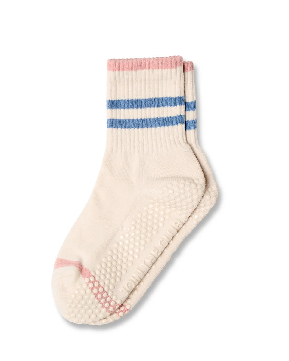 Multi Stripe Crew Pilates Grip Sock - Blue Pink