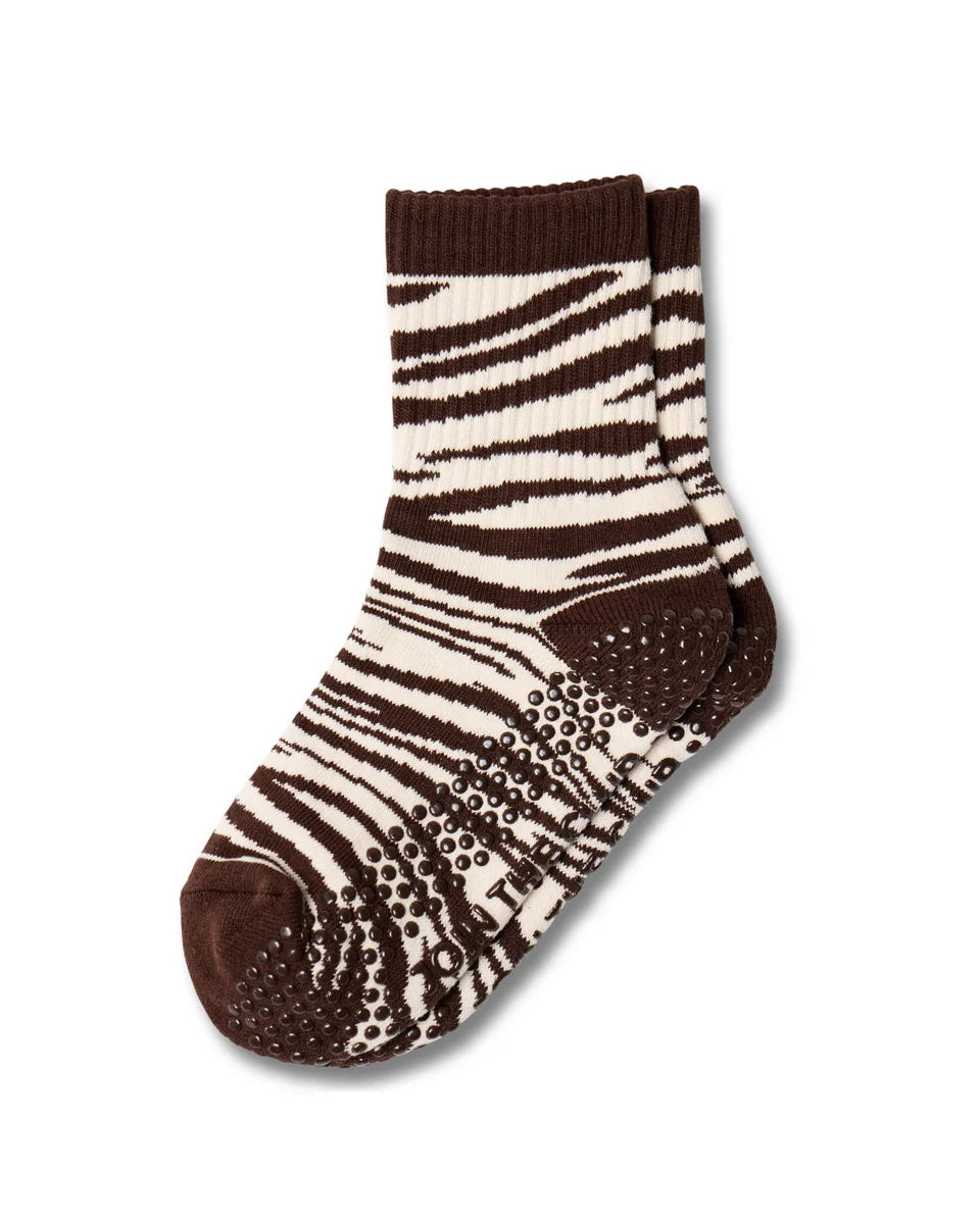 Zebra Crew Pilates Grip Sock - Chocolate Brown