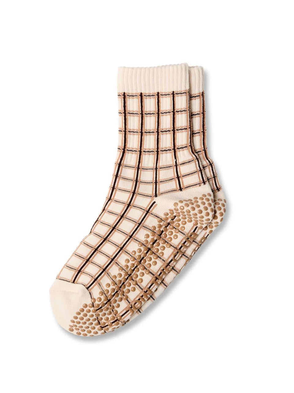 Fine Check Crew Pilates Grip Sock - Brown