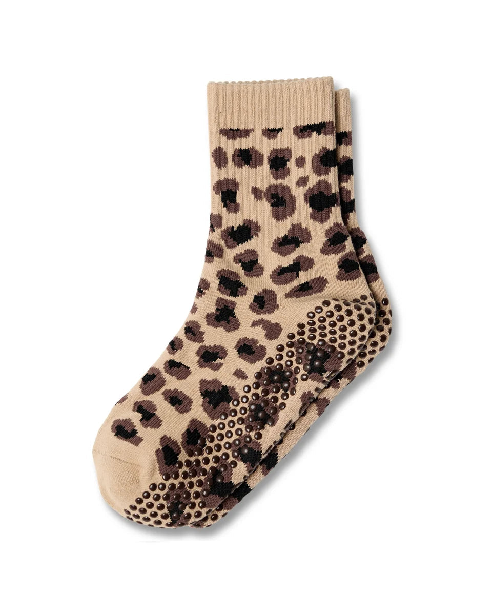 Leopard Crew Pilates Grip Sock - Dark Brown