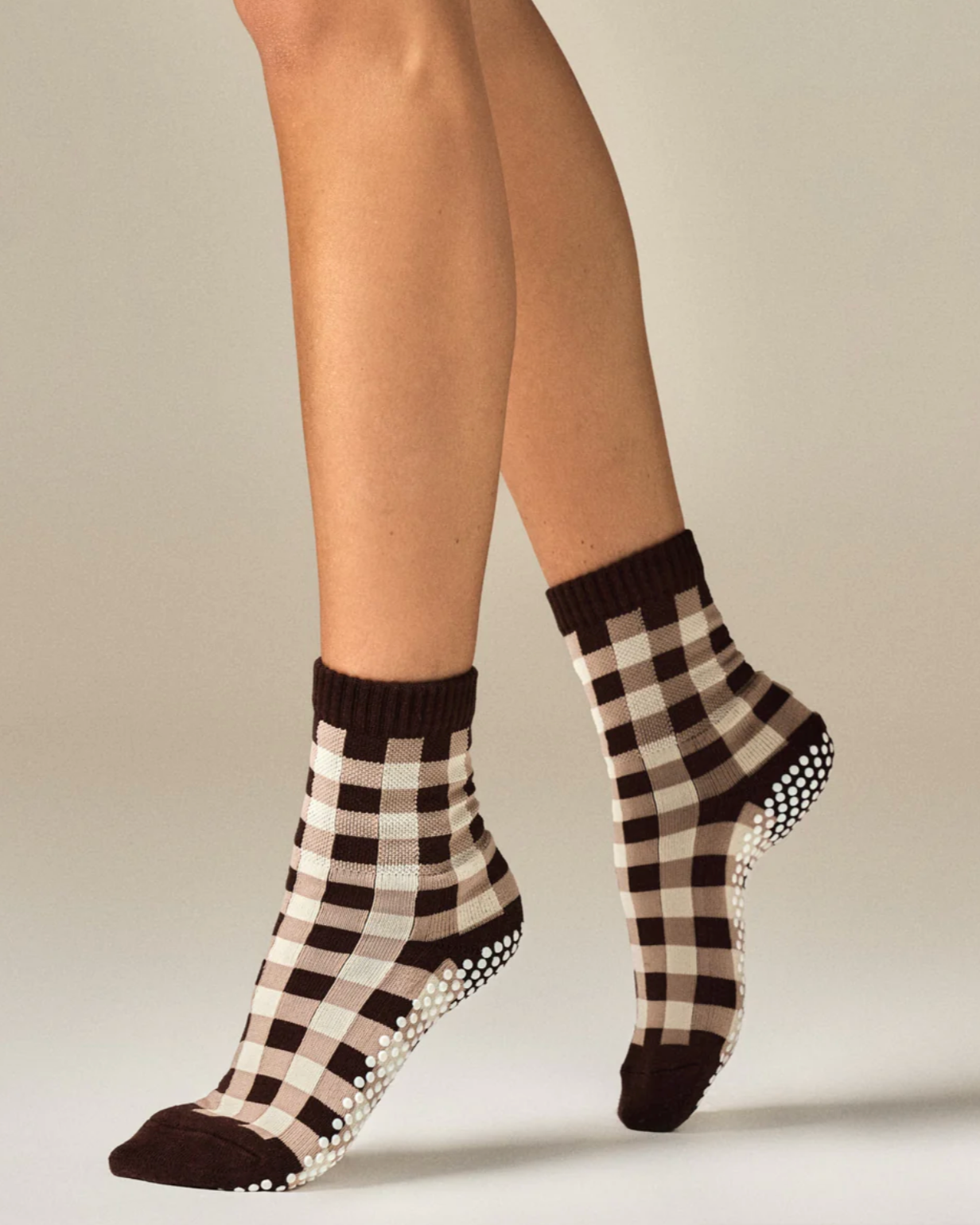 Gingham Crew Pilates Grip Sock - Chocolate Brown