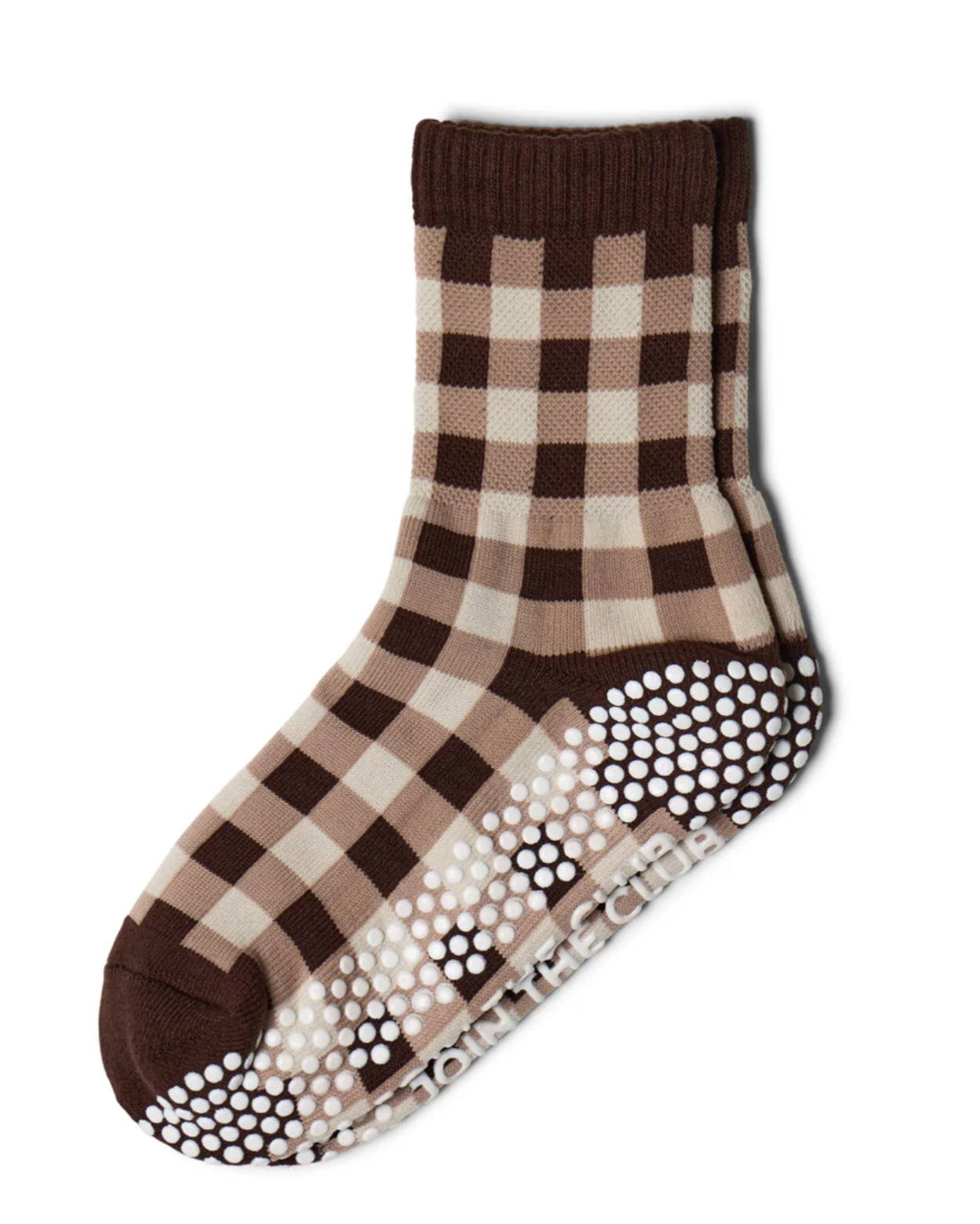 Gingham Crew Pilates Grip Sock - Chocolate Brown