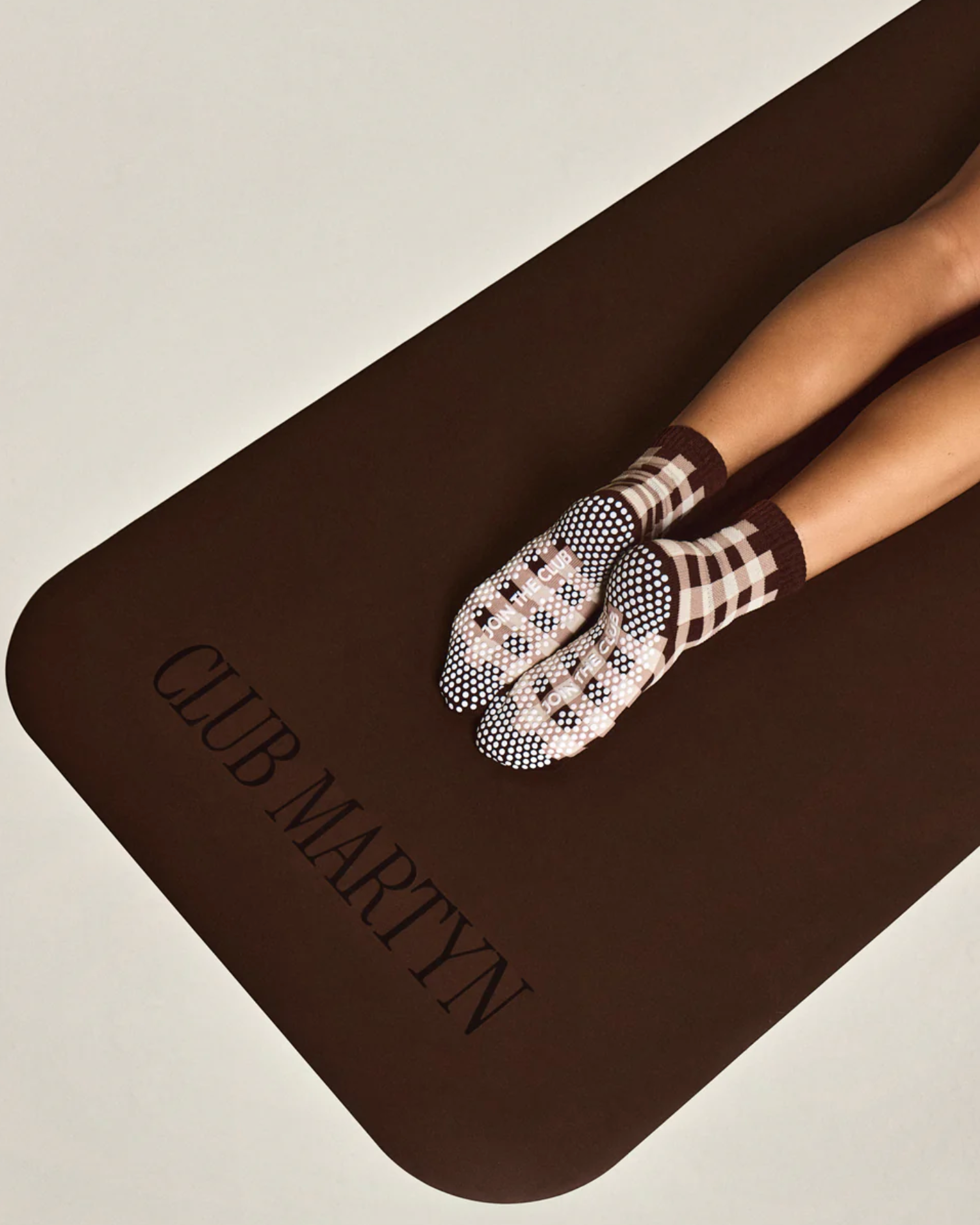 Gingham Crew Pilates Grip Sock - Chocolate Brown