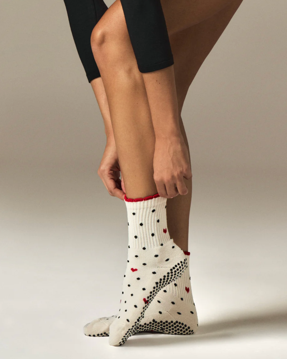 Spot Heart Crew Pilates Grip Sock - Red