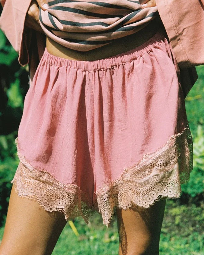 Unwind Lace Trim Shorts - Pink